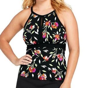 Land’s End Black Floral Print Keyhole Contour Tankini Swim Bathing Suit Top 8P